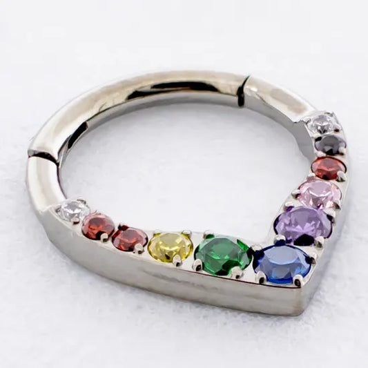 V shaped Titanium hinged segment ring with rainbow gems