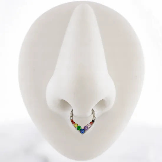 V shaped Titanium hinged segment ring with rainbow gems