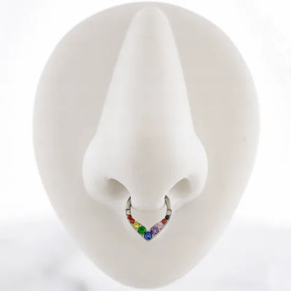 V shaped Titanium hinged segment ring with rainbow gems